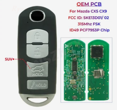 thumbnail image 2 of Smart Remote Key Fob SKE13D-01 / SKE13D-02 – Fits Mazda CX-5, 3, 6, MX-5 Miata 2013-2019 – 3-Button, Remote Start 2 of 4